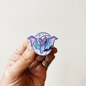 Moon and bat enamel pin