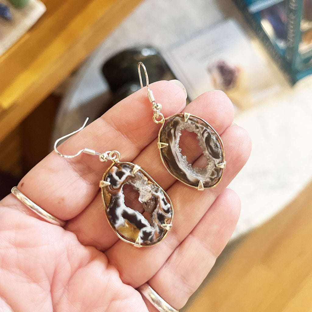 Agate Geode Slice Dangle Earrings on Sterling Silver