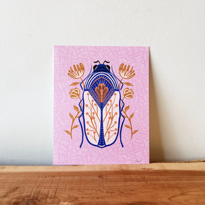 Cobalt Beetle Art Print with Flowers and Pink Background