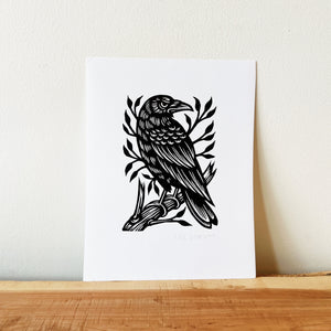 Perched Crow Linocut Art Print