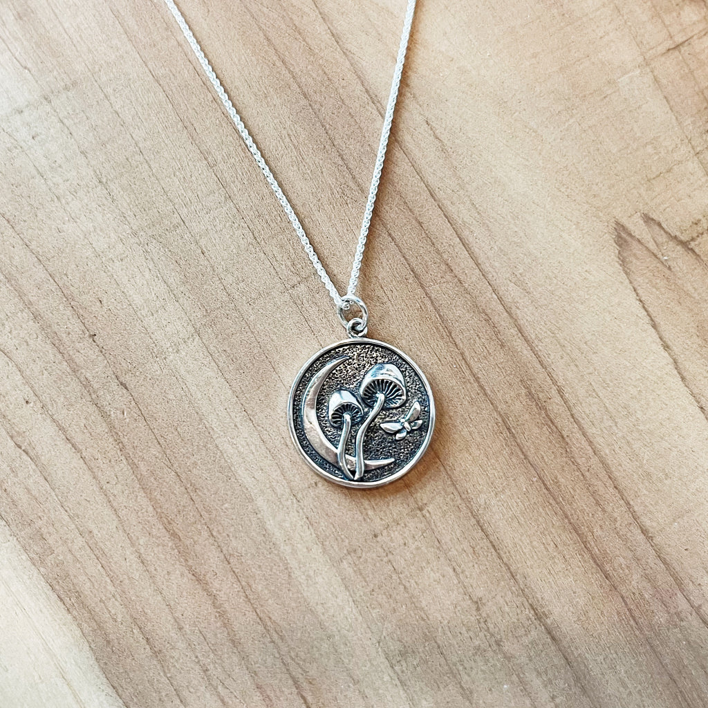 Mushroom and Moon Charm in Sterling Silver