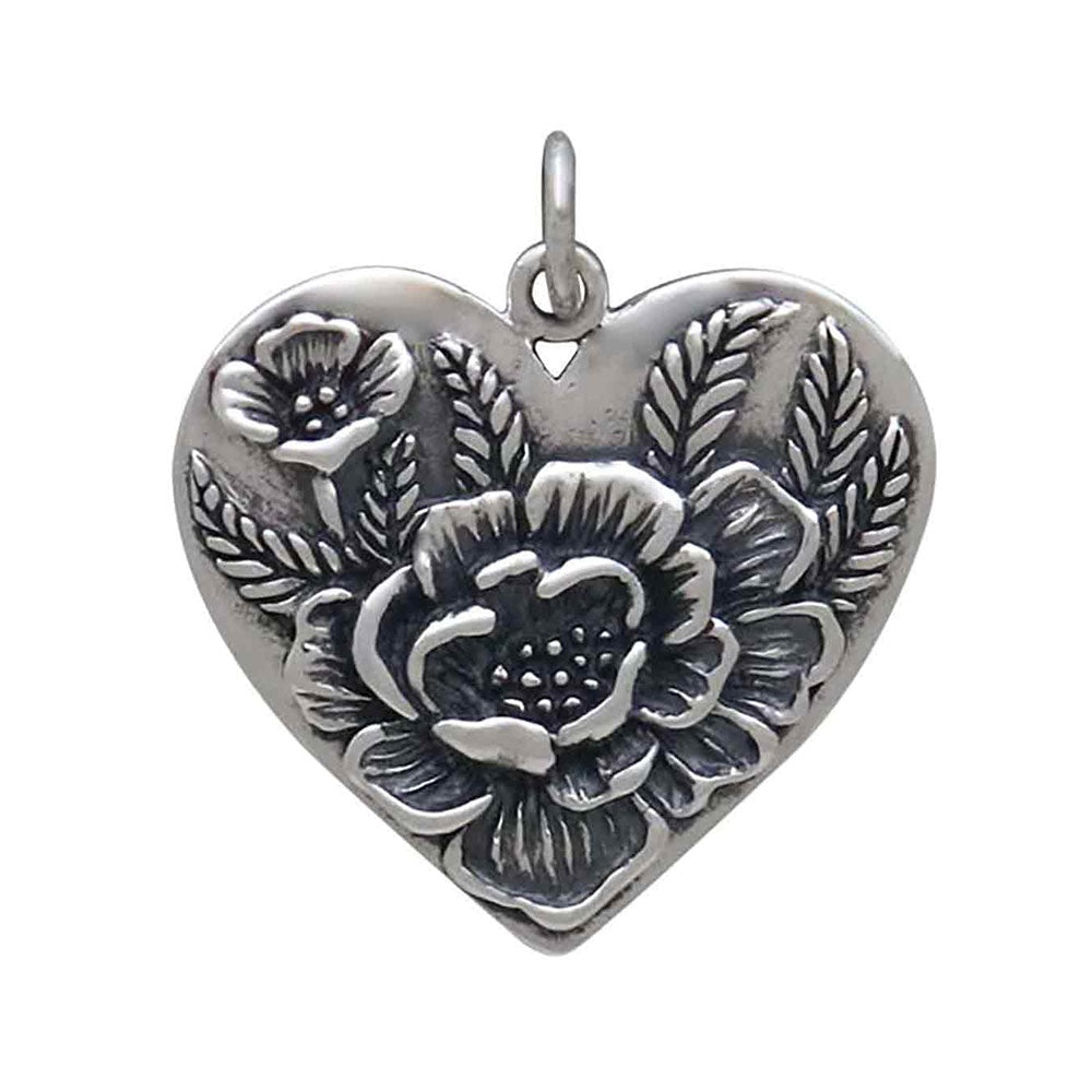 Peony Heart Charm in Sterling Silver