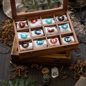 12 day crystal advent calendar in a wooden box with glass lid