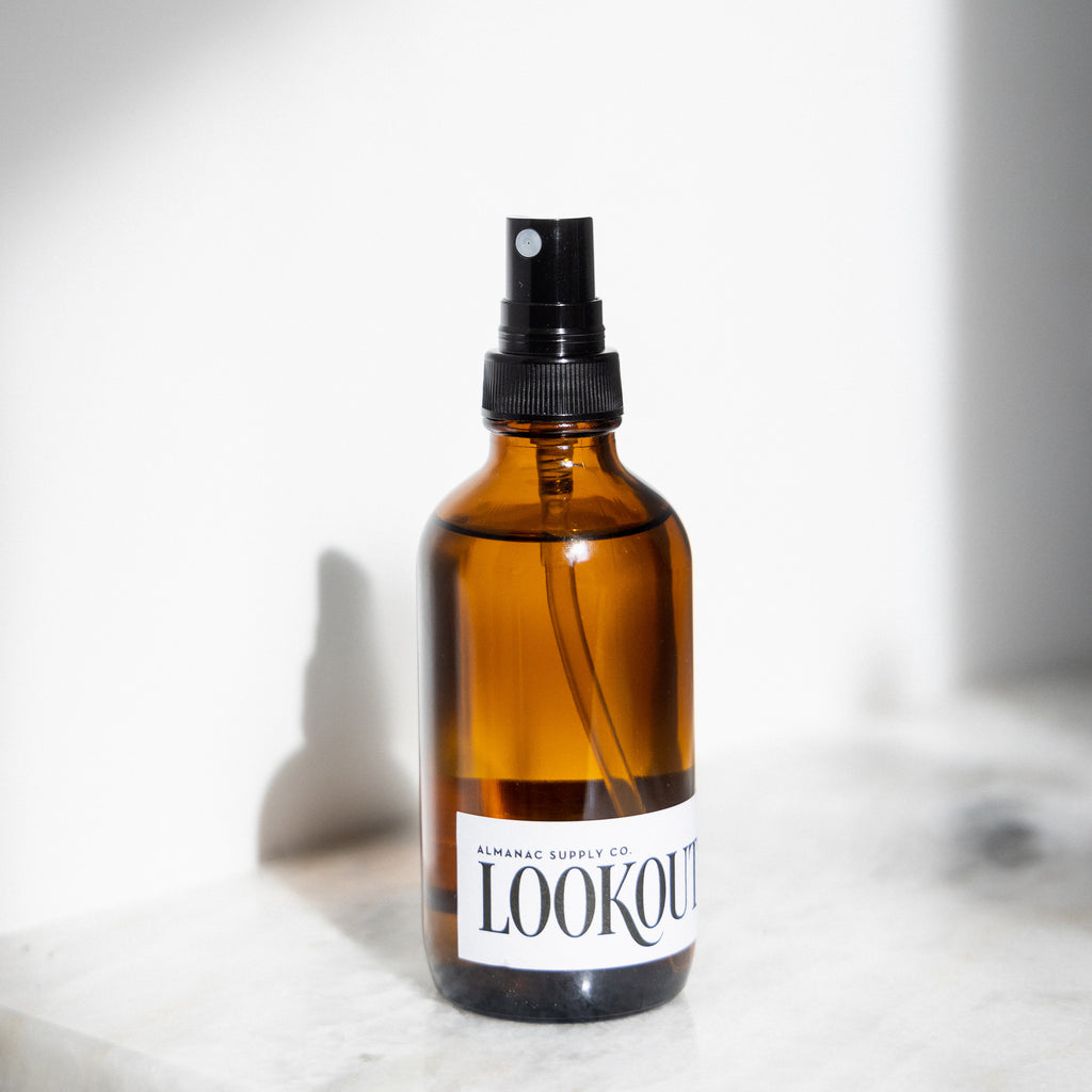 Lookout Room Spray on white marble counter