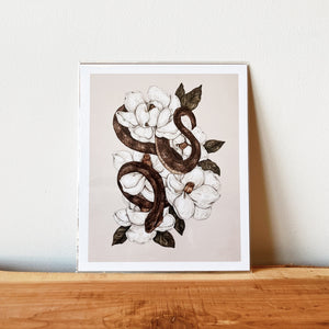 Snake and Magnolias Art Print