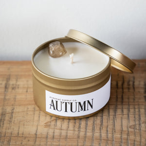 Seasonal Candle with Citrine Crystal in our 7oz Metal tin