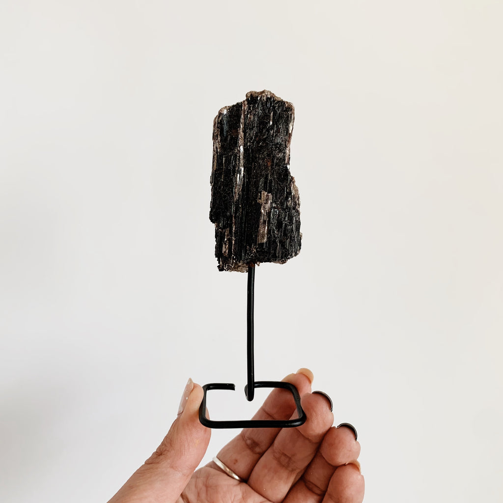 Black Tourmaline chunk on metal stand