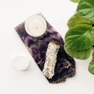 Moroccan Amethyst Tray with candle and sage