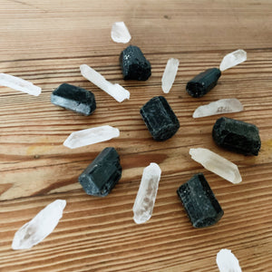 Clear Quartz and Black Tourmaline in a crystal grid