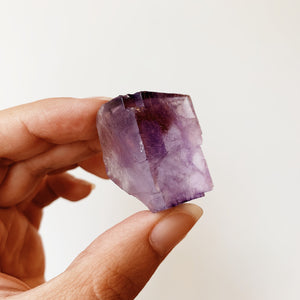Hand holding a purple Fluorite specimen