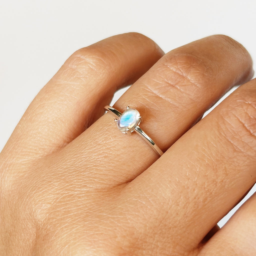 Small Rainbow Moonstone and silver ring