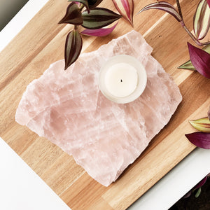 Rose Quartz tray with candle and plants