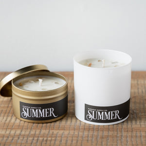 Summer scented candles in 7oz Metal Tin and 10z Glass Tumbler