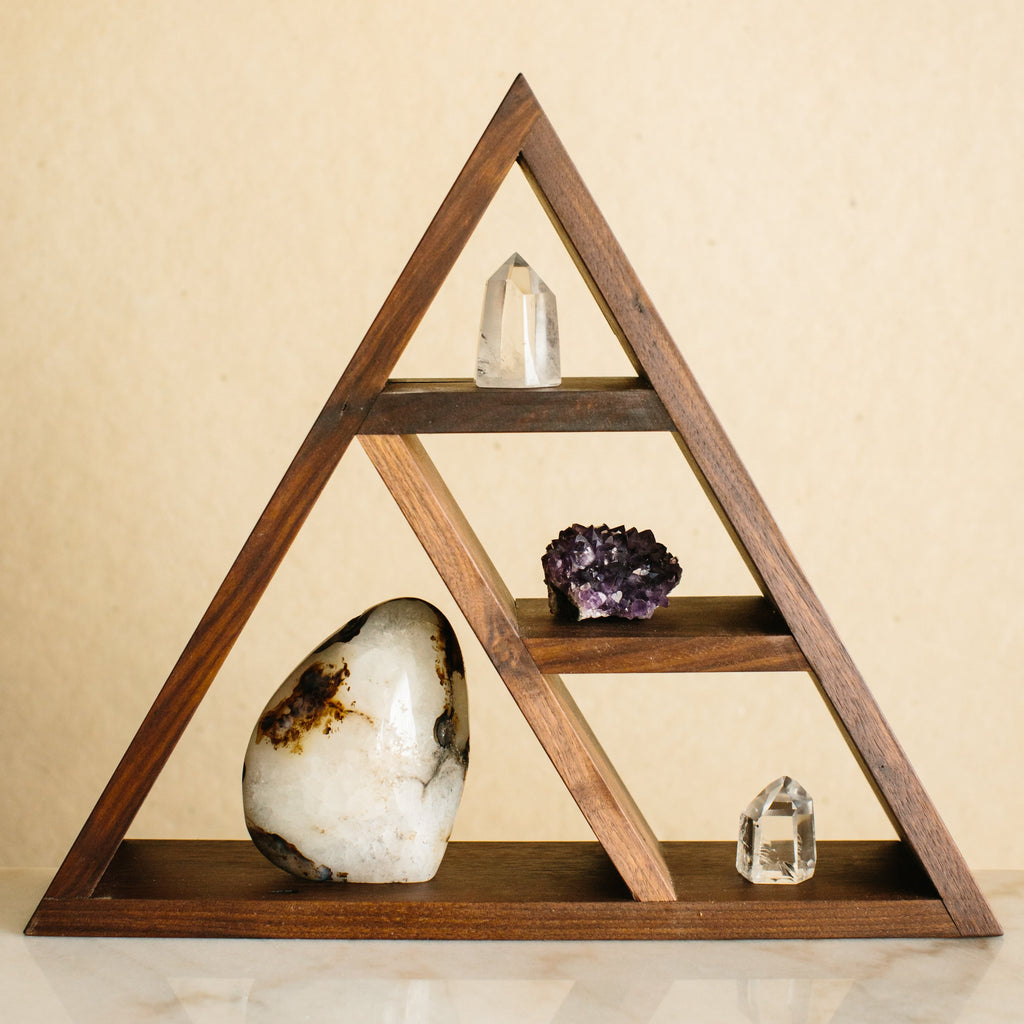 Walnut Shelf with crystals on display