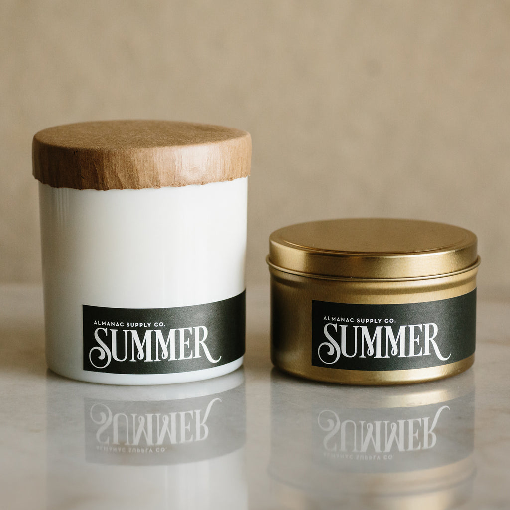 Summer scented candles in 7oz Metal Tin and 10z Glass Tumbler