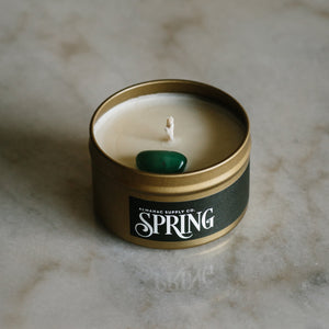 Crystal Candle with Green Aventurine in our 7oz Metal tin