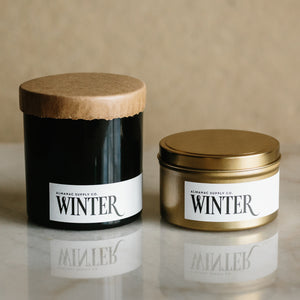 Winter scented candles in 7oz Metal Tin and 10z Glass Tumbler